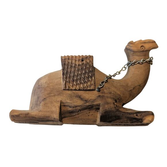 Vintage Hand Carved Wood Small Sitting Camel With Chain and Pack 3 X 5 see pics - Picture 1 of 6